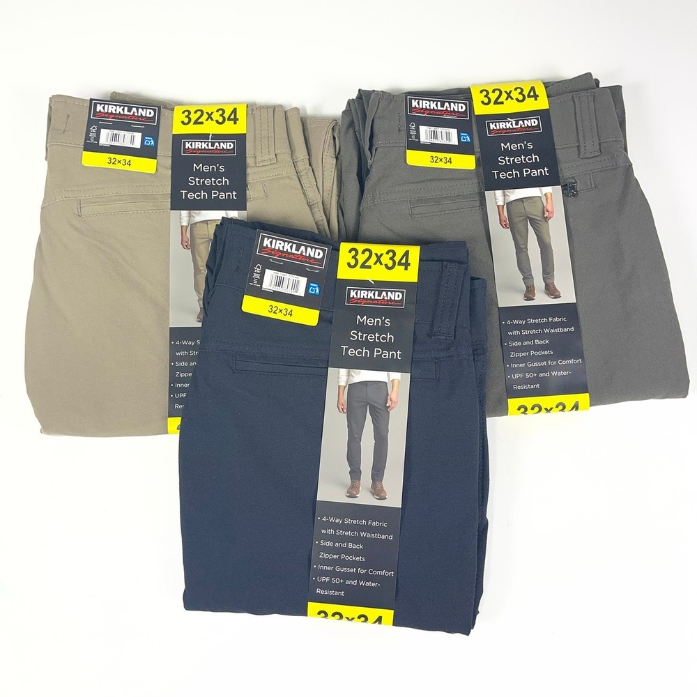 Kirkland Signature Mens Stretch Tech Pant 32x34 Khaki Green Black Lot of 3 NWT